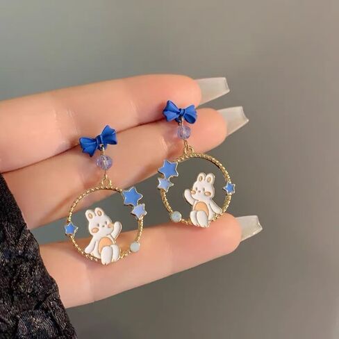 الأزرق القوس عقدة مسمار نجوم القمر الأرنب استرخى انخفاض الأقراط للنساء الفتيات S925 الفضة الاسترليني آخر 14K مطلية بالذهب كريستال لطيف الكرتون عيد الفصح أرنب الحيوان القرط جميلة جميلة عيد ميلاد المجوهرات هدية in Kuwait