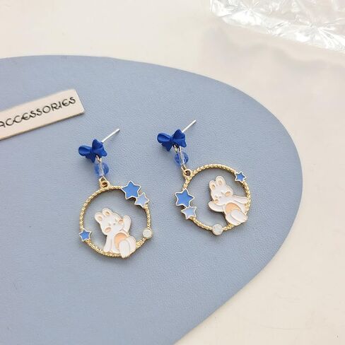 الأزرق القوس عقدة مسمار نجوم القمر الأرنب استرخى انخفاض الأقراط للنساء الفتيات S925 الفضة الاسترليني آخر 14K مطلية بالذهب كريستال لطيف الكرتون عيد الفصح أرنب الحيوان القرط جميلة جميلة عيد ميلاد المجوهرات هدية in Kuwait