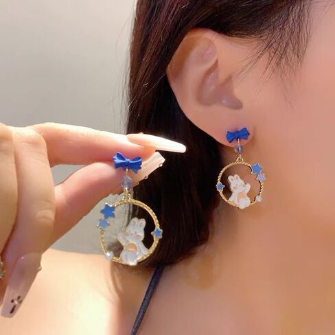 الأزرق القوس عقدة مسمار نجوم القمر الأرنب استرخى انخفاض الأقراط للنساء الفتيات S925 الفضة الاسترليني آخر 14K مطلية بالذهب كريستال لطيف الكرتون عيد الفصح أرنب الحيوان القرط جميلة جميلة عيد ميلاد المجوهرات هدية in Kuwait