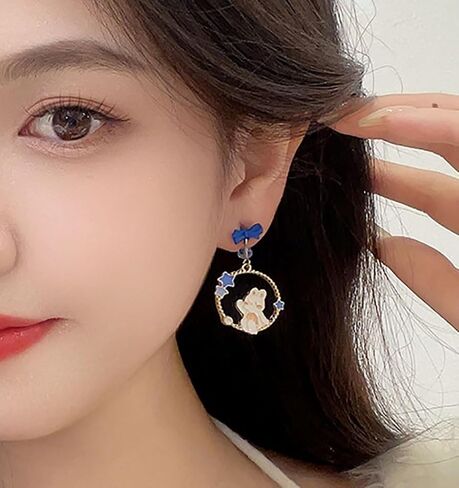 الأزرق القوس عقدة مسمار نجوم القمر الأرنب استرخى انخفاض الأقراط للنساء الفتيات S925 الفضة الاسترليني آخر 14K مطلية بالذهب كريستال لطيف الكرتون عيد الفصح أرنب الحيوان القرط جميلة جميلة عيد ميلاد المجوهرات هدية in Kuwait