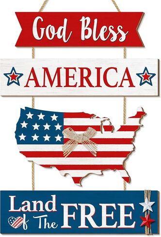 4th of July Door Sign Decorations, Vintage Rustic American Patriotic Wall Decor, Memorial Day Wooden Door Hanger, Independence Day Hanging Plaque for Front Door Home Decor United States Map Wood Signs in Kuwait