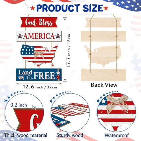 4th of July Door Sign Decorations, Vintage Rustic American Patriotic Wall Decor, Memorial Day Wooden Door Hanger, Independence Day Hanging Plaque for Front Door Home Decor United States Map Wood Signs in Kuwait