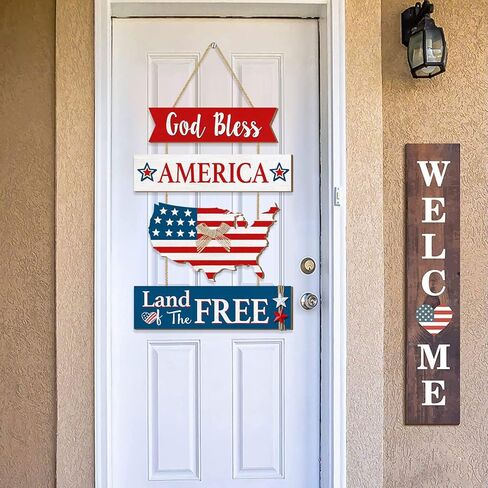 4th of July Door Sign Decorations, Vintage Rustic American Patriotic Wall Decor, Memorial Day Wooden Door Hanger, Independence Day Hanging Plaque for Front Door Home Decor United States Map Wood Signs in Kuwait