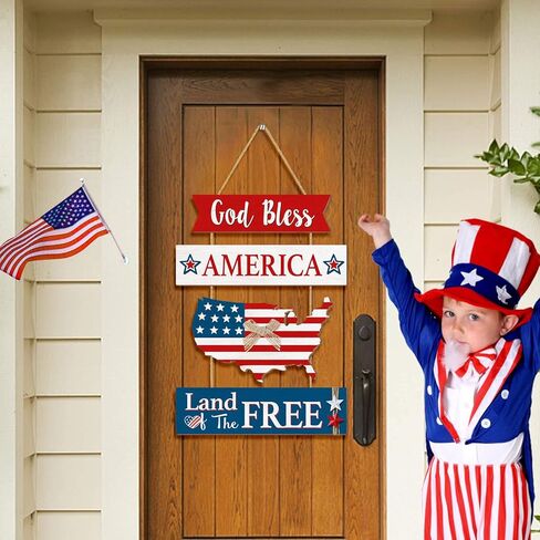 4th of July Door Sign Decorations, Vintage Rustic American Patriotic Wall Decor, Memorial Day Wooden Door Hanger, Independence Day Hanging Plaque for Front Door Home Decor United States Map Wood Signs in Kuwait