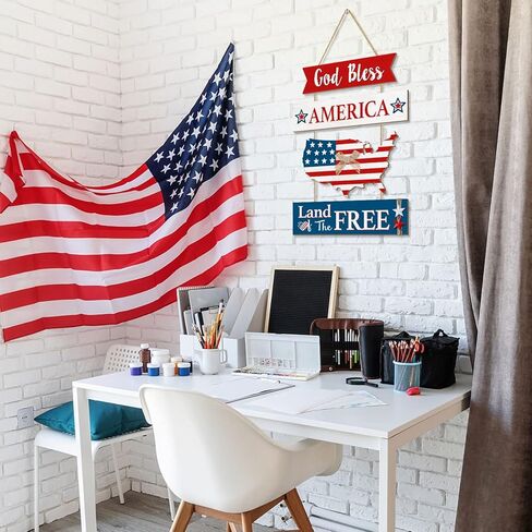 4th of July Door Sign Decorations, Vintage Rustic American Patriotic Wall Decor, Memorial Day Wooden Door Hanger, Independence Day Hanging Plaque for Front Door Home Decor United States Map Wood Signs in Kuwait