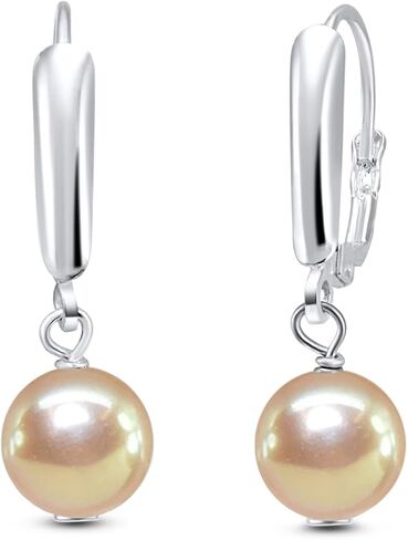 Sterling Silver Freshwater Cultured Semi-Round White Pearl Leverback Dangle Earrings for Women Girls in Kuwait