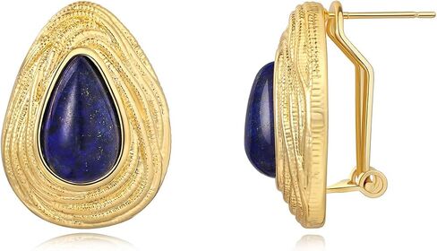 18K Gold Earrings with Dark Blue Lapis Lazuli Teardrop - Hypoallergenic Vintage Dangle Gold Chunky Stud Earrings 925 Sterling Silver post Earrings in Saudi Arabia