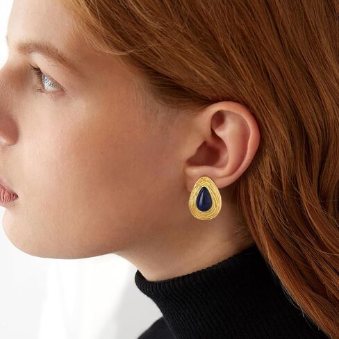 18K Gold Earrings with Dark Blue Lapis Lazuli Teardrop - Hypoallergenic Vintage Dangle Gold Chunky Stud Earrings 925 Sterling Silver post Earrings in Saudi Arabia