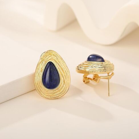 18K Gold Earrings with Dark Blue Lapis Lazuli Teardrop - Hypoallergenic Vintage Dangle Gold Chunky Stud Earrings 925 Sterling Silver post Earrings in Saudi Arabia