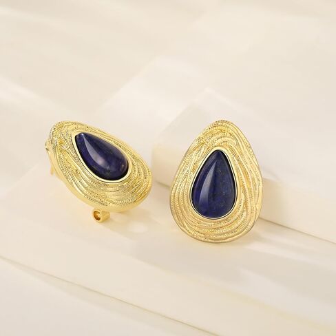 18K Gold Earrings with Dark Blue Lapis Lazuli Teardrop - Hypoallergenic Vintage Dangle Gold Chunky Stud Earrings 925 Sterling Silver post Earrings in Saudi Arabia