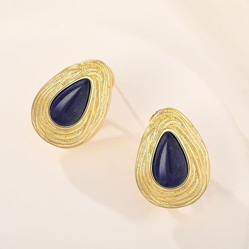18K Gold Earrings with Dark Blue Lapis Lazuli Teardrop - Hypoallergenic Vintage Dangle Gold Chunky Stud Earrings 925 Sterling Silver post Earrings in Saudi Arabia