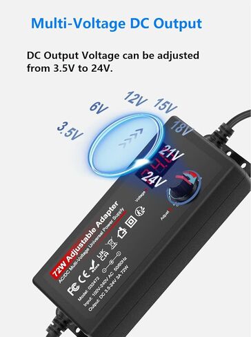 72 واط مصدر طاقة متغير قابل للتعديل تيار مستمر 3 فولت ~ 24 فولت 3 أمبير محول إمداد الطاقة 100-240 فولت تيار متردد إلى تيار مستمر محول 3-24 فولت 3 أمبير محول قابل للتعديل، 14 طرف و1 كابل قطبية عكسية in Kuwait
