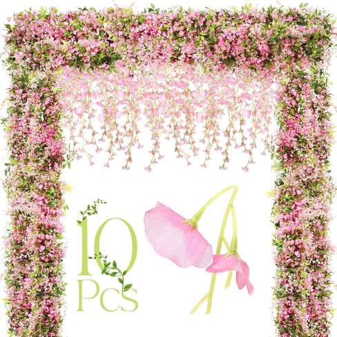 Crowye 10 Pcs 72 ft Artificial Flowers Silk Wisteria Garland Artificial Wisteria Vine Silk Hanging Flower Decorations Flower Vines for Wall Wedding Arch Party Backdrop Home Garden Outdoor (Pink) in Saudi Arabia