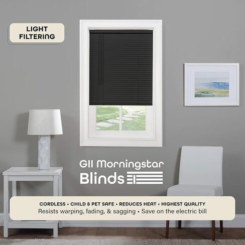 ستارة صغيرة لاسلكية لتصفية الضوء - عرض 58 بوصة، طول 48 بوصة، حجم شريحة 1 بوصة - أسود - ستائر النوافذ الأفقية GII Morningstar اللاسلكية للداخلية من Achim Home Decor in Kuwait