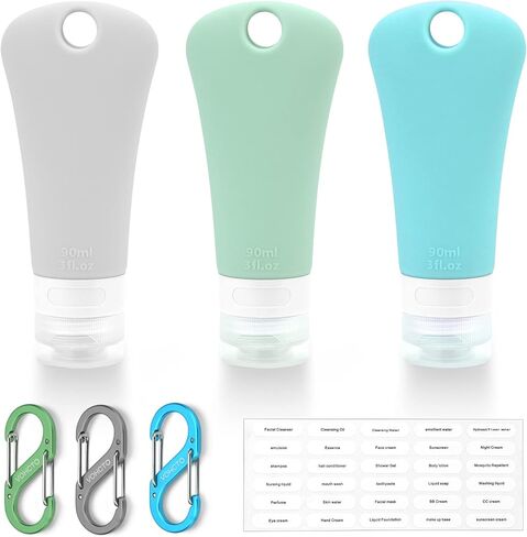 travel bottle set for dispensing toiletries (with label), leak-proof silicone (BPA-free) squeezable refillable liquid travel accessories for cosmetics, shampoo and lotion soap (3PCS) (3 oz) in Saudi Arabia