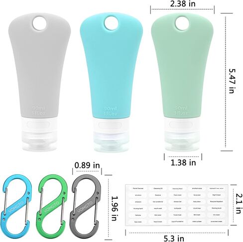 travel bottle set for dispensing toiletries (with label), leak-proof silicone (BPA-free) squeezable refillable liquid travel accessories for cosmetics, shampoo and lotion soap (3PCS) (3 oz) in Saudi Arabia
