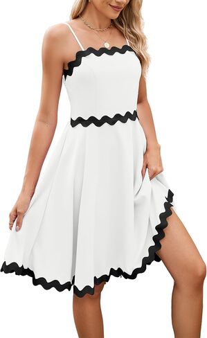 ECOWISH Women Mini Summer Dress - Rickrack Short Flowy Beach Sundress Casual Spaghetti Strap Backless Pleated Dresses in Saudi Arabia