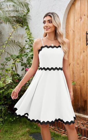 ECOWISH Women Mini Summer Dress - Rickrack Short Flowy Beach Sundress Casual Spaghetti Strap Backless Pleated Dresses in Saudi Arabia