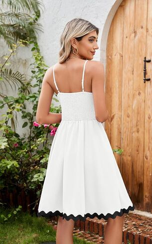 ECOWISH Women Mini Summer Dress - Rickrack Short Flowy Beach Sundress Casual Spaghetti Strap Backless Pleated Dresses in Saudi Arabia