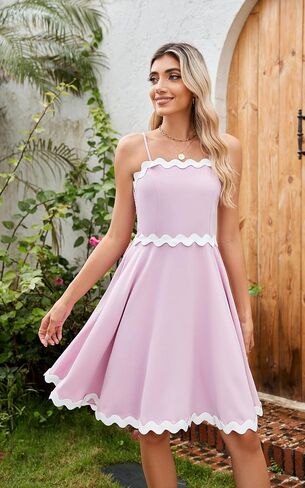 ECOWISH Women Mini Summer Dress - Rickrack Short Flowy Beach Sundress Casual Spaghetti Strap Backless Pleated Dresses in Saudi Arabia