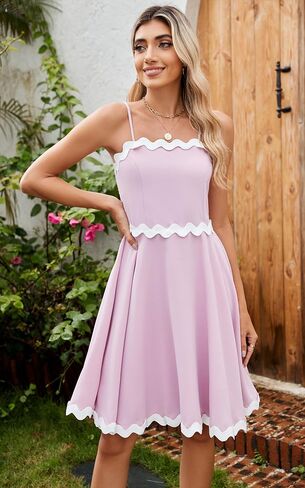 ECOWISH Women Mini Summer Dress - Rickrack Short Flowy Beach Sundress Casual Spaghetti Strap Backless Pleated Dresses in Saudi Arabia