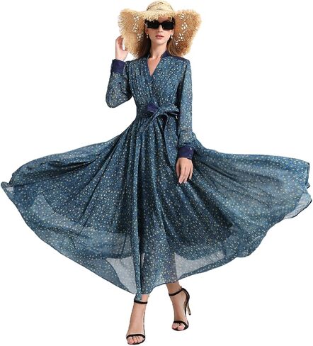 RY2401 Women Dress Spring Summer Casual Ruffle V-Neck Silk Chiffon Flowy Long A-line Dress in Saudi Arabia