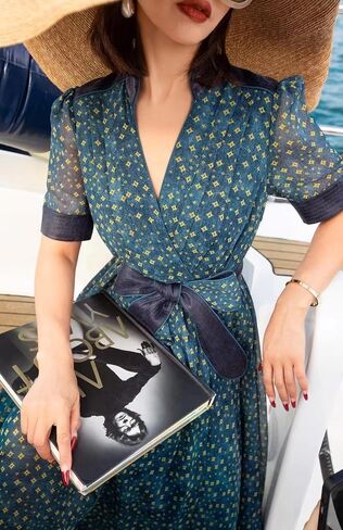 RY2401 Women Dress Spring Summer Casual Ruffle V-Neck Silk Chiffon Flowy Long A-line Dress in Saudi Arabia