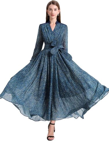 RY2401 Women Dress Spring Summer Casual Ruffle V-Neck Silk Chiffon Flowy Long A-line Dress in Saudi Arabia