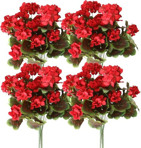 4PCS Realistic Outdoor Artificial Fake Geraniums Silk Flowers Plants, UV Resistant, No Fade, Look Real Outside Faux Plastic Greenery Red Flowers for Garden Porch Patio Window Box Hanging Planter in Kuwait