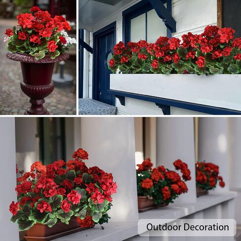 4PCS Realistic Outdoor Artificial Fake Geraniums Silk Flowers Plants, UV Resistant, No Fade, Look Real Outside Faux Plastic Greenery Red Flowers for Garden Porch Patio Window Box Hanging Planter in Kuwait