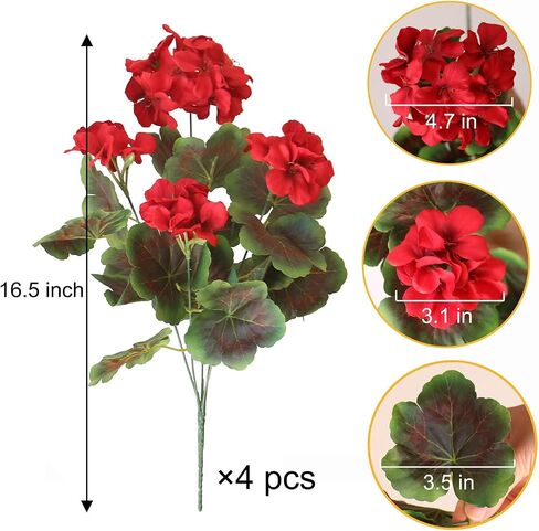 4PCS Realistic Outdoor Artificial Fake Geraniums Silk Flowers Plants, UV Resistant, No Fade, Look Real Outside Faux Plastic Greenery Red Flowers for Garden Porch Patio Window Box Hanging Planter in Kuwait