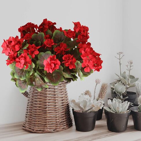 4PCS Realistic Outdoor Artificial Fake Geraniums Silk Flowers Plants, UV Resistant, No Fade, Look Real Outside Faux Plastic Greenery Red Flowers for Garden Porch Patio Window Box Hanging Planter in Kuwait