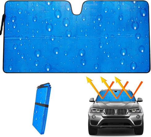 Ovege زجاج أمامي للسيارة مظلة شمسية قابلة للطي للسيارة، مظلة أمامية للنافذة الأمامية، ظلال نافذة السيارة، حماية من الأشعة فوق البنفسجية، قطرة المطر باللون الأزرق 57 بوصة × 27.6 بوصة in Kuwait