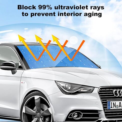 Ovege زجاج أمامي للسيارة مظلة شمسية قابلة للطي للسيارة، مظلة أمامية للنافذة الأمامية، ظلال نافذة السيارة، حماية من الأشعة فوق البنفسجية، قطرة المطر باللون الأزرق 57 بوصة × 27.6 بوصة in Kuwait