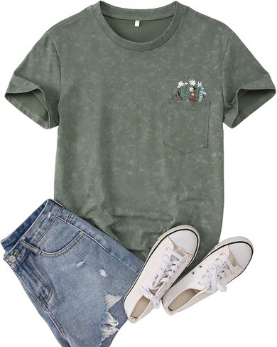 BOUTIKOME Womens Vintage T-Shirt Embroidered Wildflower Shirts Retro Boho Summer Tees with Pocket Casual Short Sleeve Tops in Saudi Arabia