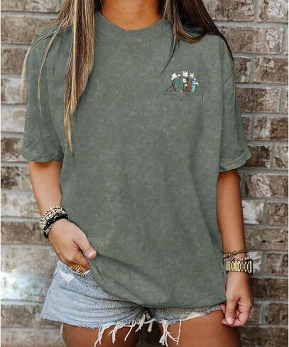 BOUTIKOME Womens Vintage T-Shirt Embroidered Wildflower Shirts Retro Boho Summer Tees with Pocket Casual Short Sleeve Tops in Saudi Arabia