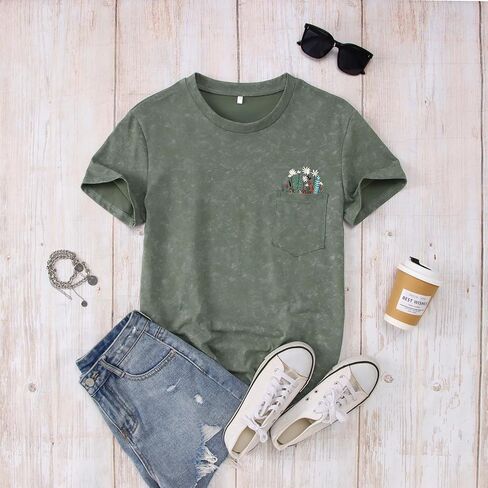 BOUTIKOME Womens Vintage T-Shirt Embroidered Wildflower Shirts Retro Boho Summer Tees with Pocket Casual Short Sleeve Tops in Saudi Arabia