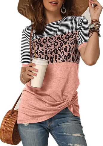 Necooer Womens Casual Crewneck Twist Knot Blouse Short Sleeve Color Block Fashion Striped Tops Shirts Loose Fit in Saudi Arabia