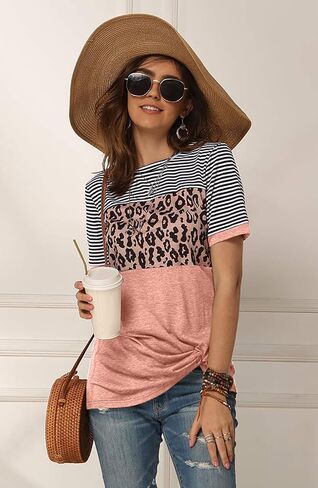 Necooer Womens Casual Crewneck Twist Knot Blouse Short Sleeve Color Block Fashion Striped Tops Shirts Loose Fit in Saudi Arabia