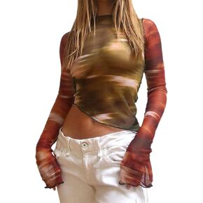 Remidoo Women's Sexy Mesh Top Crewneck Asymmetrical Hem Crop Tops Long Sleeve Tee Shirt in Saudi Arabia