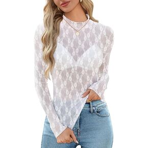 OFEEFAN Womens Long Sleeve Mesh Top See Through Mock Neck Sheer Blouses