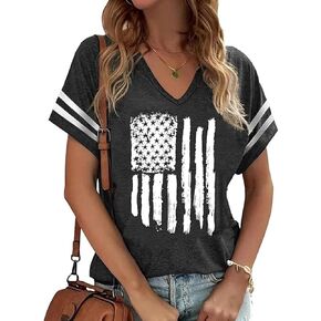 American Flag Shirts Women 4th of July V-Neck Short Sleeve Patriotic T-Shirt Memorial Day Graphic Tee Independence Day Tops