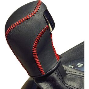 Genuine Leather Gear Shift Knob Cover for Volkswagen VW Golf Jetta Atlas Passat Tiguan Touareg Beetle Jetta GLI Golf GTI Golf R CC E-Golf Accessories Automatic (Black Leather,Red Thread)