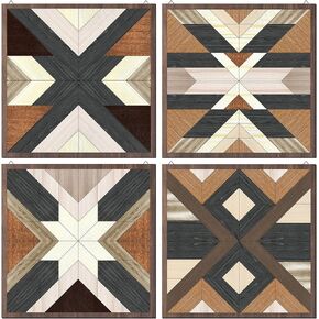 4 Pieces Wood Wall Art Wooden Aztec Wall Decor Boho Western Wall Decor Diamond Sign Farmhouse Home Wall Art Prints on Wood for Apartment Bedroom Living Room, 11.8 x 11.8 Inches (Elegant Style)