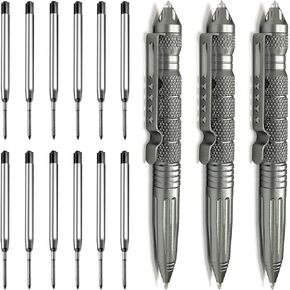 Origin-Joy 3 Pack Tungsten Steel Military Tactical Pen Set, Multifunctional EDC Self Defense Pen With 12 Ballpoint Refills (Gray)