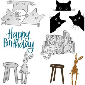 3 Sets Die Cuts for Card Making, SENHAI Metal Cutting Die Bunny Kitten Happy Birthday Cute Shape Metal Die Cuts, for DIY Scrapbook Photo Frame Card Album Cake Topper Card Making