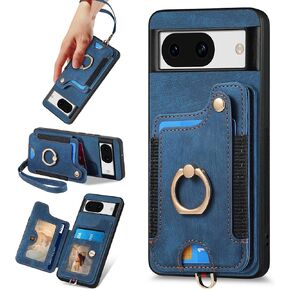 for Google Pixel 8A Case with Card Holder for Woman Man,PU Leather Flip Folio Wallet Case,RFID Blocking Ring Holder Kickstand Wrist Strap Magnetic Protective Cover for Google Pixel 8a Black