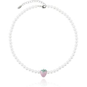 Strawberry Pearl Necklace for Women Pink Cz Strawberry Cute Fruit Necklace Boho Pearl Beaded Necklace Choker for Teen Girls Dainty Charm Handmade Y2k Necklace for Girls Christmas Necklace Gift
