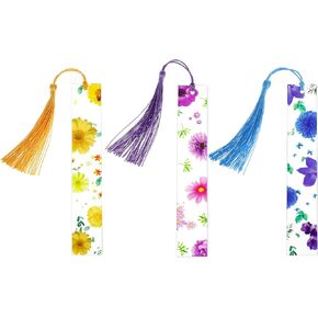 3 PCS Flower Resin Bookmark Cute Bookmark for Women Transparent Dried Floral Bookmark Handmade Flower Bookmarks with Tassels Pretty Bookmarks Gifts Book Lovers (Blue,Purple,Yellow)
