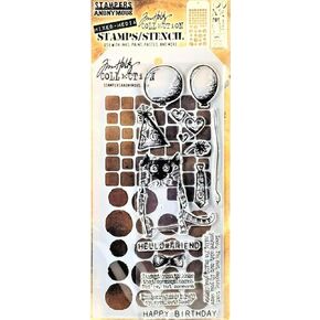 Stamper's Anonymous Tim Holtz Tiles Circles Party Cat Mixed Media Stamp and Stencil Set THMM109